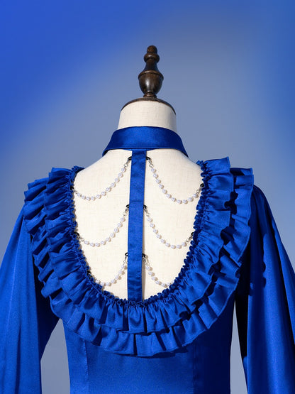 Deep Sea Blue Layered Ruffles V-neck Long Sleeves Shirt with Detachable Bead Chain Cutout Back - DevilInspired Exclusive Collection