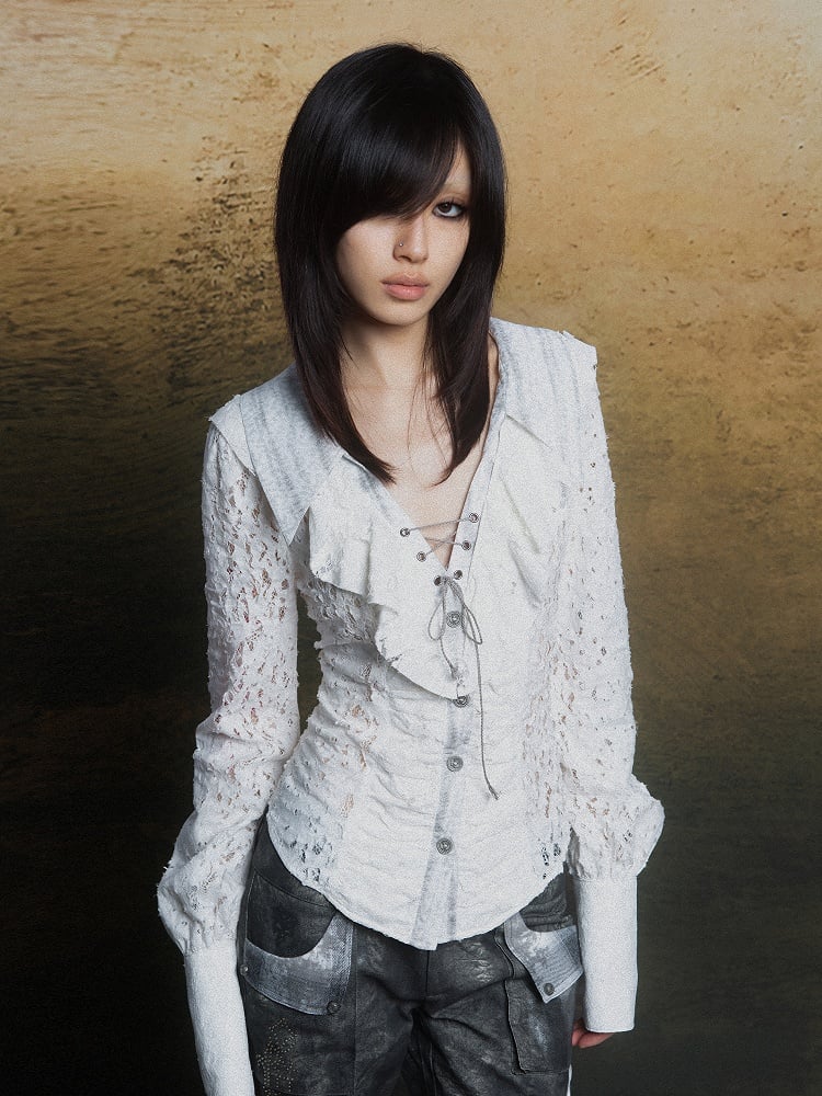 Blouse with Layered Lace-Up Detail Vintage Punk Collar White