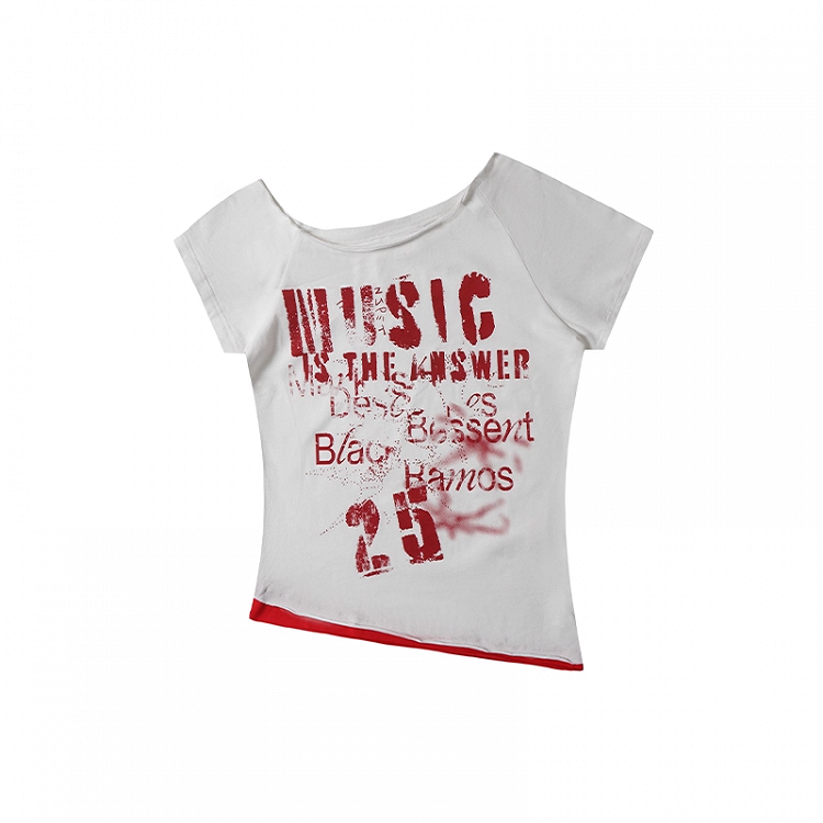 Y2K Letter Print White/Gray Asymmetrical Neckline T-shirt