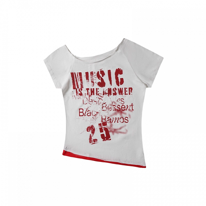 Y2K Letter Print White/Gray Asymmetrical Neckline T-shirt
