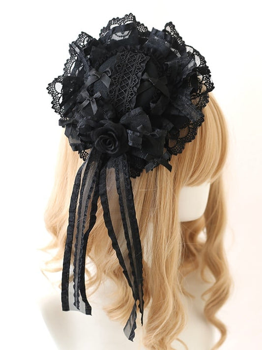 Gorgeous Lolita Dark Mini With Black Bowknot Rose Lace Style Hat