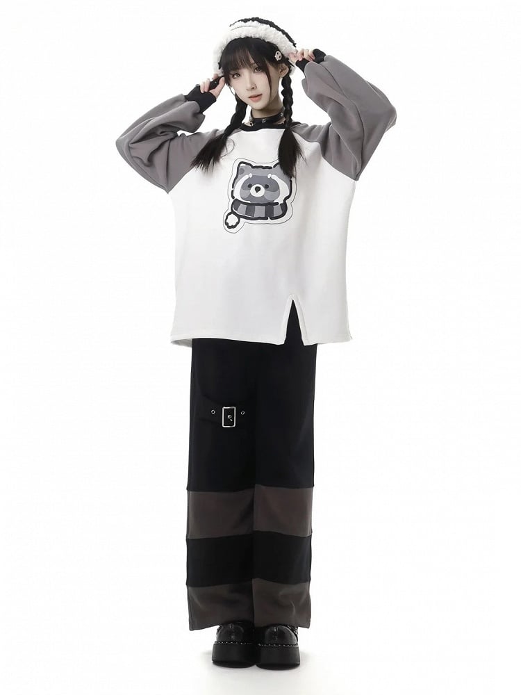with White Print Gray Adorable Colorblock Raccoon Sweatshirt