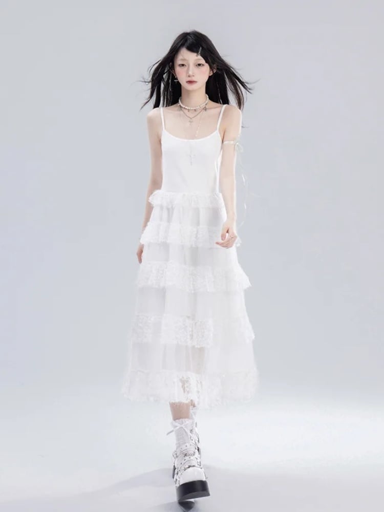 Rock Cami Kleid Taille Kette Süße Weiße Spitze Tiered Frei mit