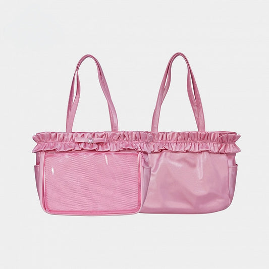 ローズレッドのフリルトリムラインストーンの蝶結びイタトートバッグ