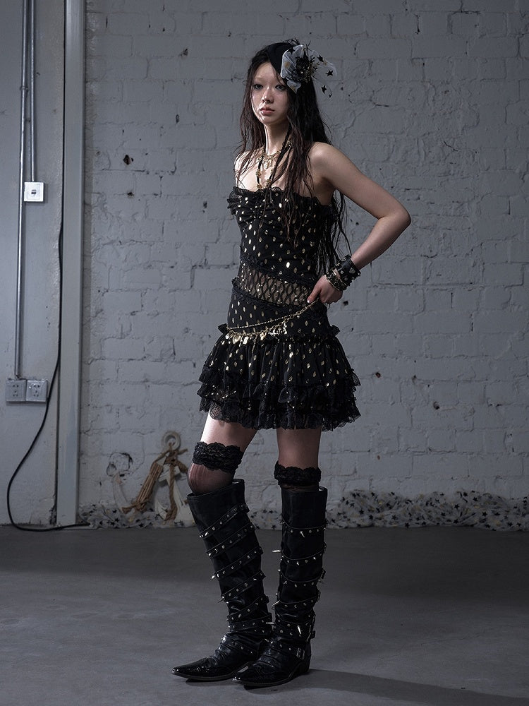 Beige/Black Neck Waist Polka-dot Vintage Halter Lace Patches