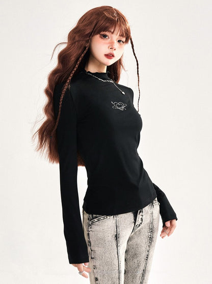 Knitted with Print Heart Minimalist Black Slim-fitting Top