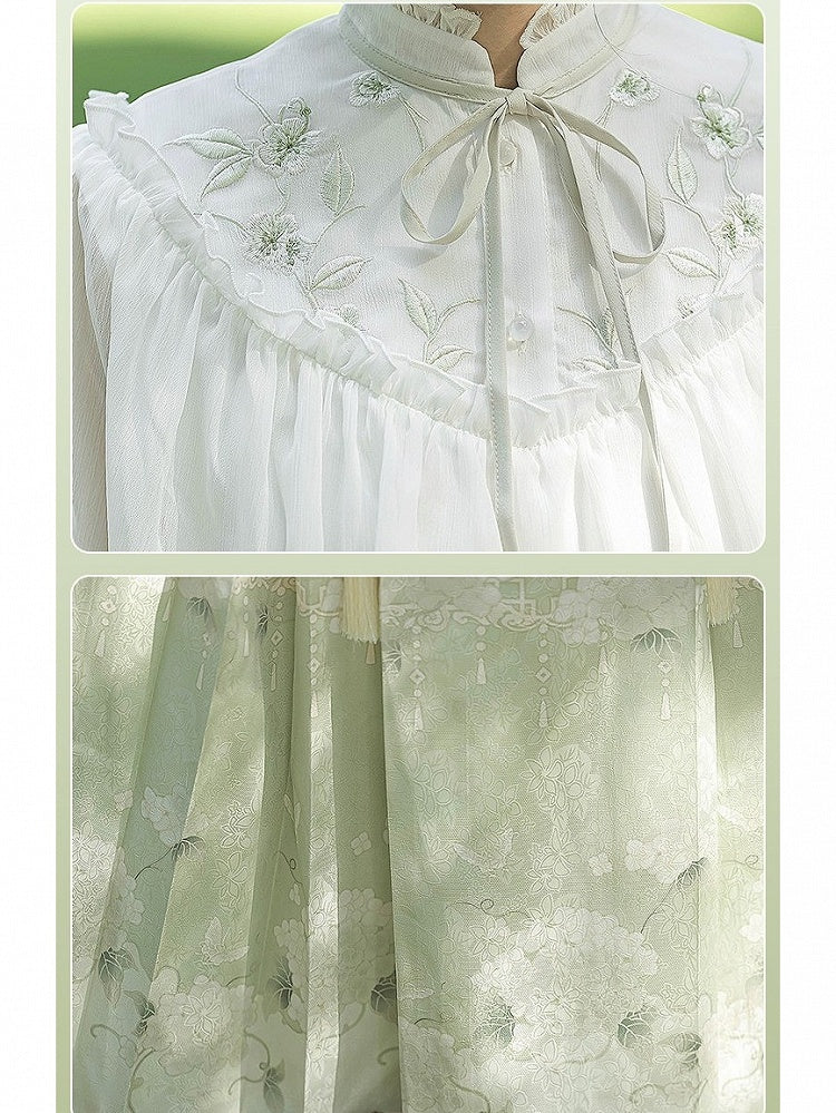 Ming-Style Green and White Top with Floral Print Long Mamian Skirt Set, Modern Chinese Style - Han Ru Chu Hanfu &amp; Han-Element Studi