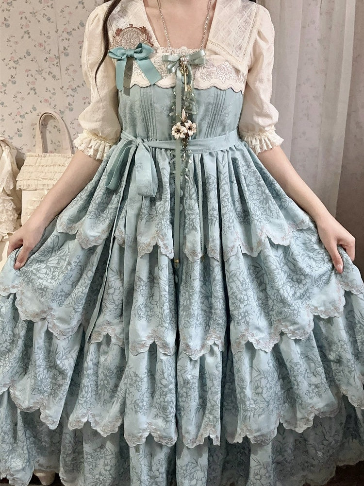 Jumper with Trim Scallop Skirt Blue Classic Layered Print Embroidered Lolita Floral