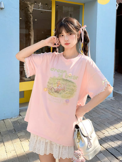 Embroidery Bear Pink Round Neck Oil Painting Letter Print Sweet T-Shirt