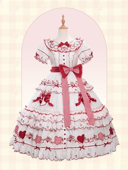 and Lolita Ruffles Applique Sweet White Dress Red Sweetheart with Bows