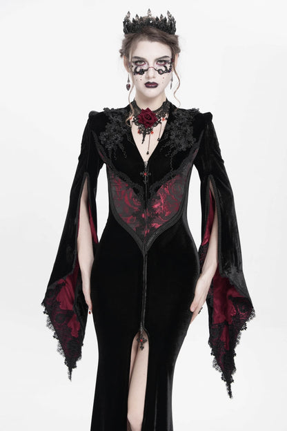 Black and Red V-Neck Long Trumpet Sleeves Floral Embroidered Velvet Gothic Dress