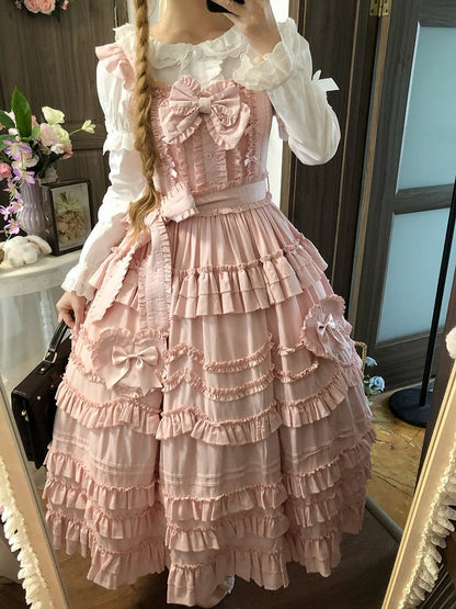 Sweet Multi-Layer Lolita Only JSK Dress Bow + Ruffle Hairband Pink / Detail Belt with