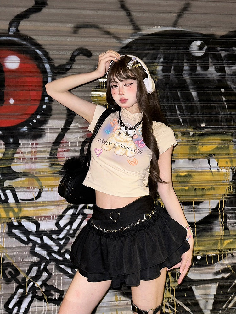 T-shirt with Adorable Puppy Print Apricot Mock Neck Crop