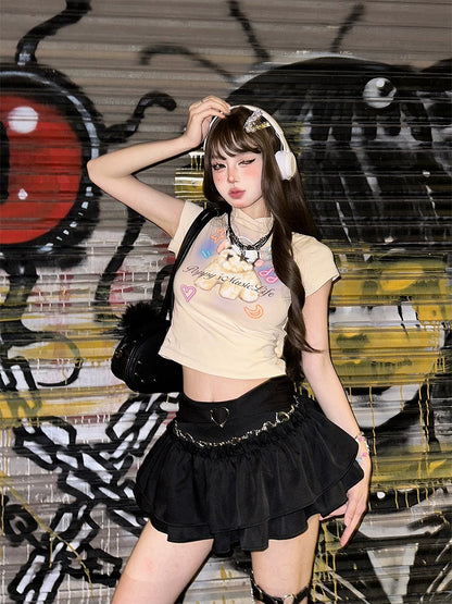 T-shirt with Adorable Puppy Print Apricot Mock Neck Crop