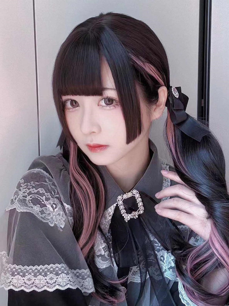 Air Wig Black Highlight And With 65CM Pink Wavy Bangs