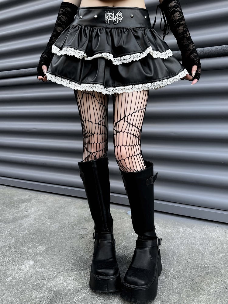 Black Studs Design Punk Rock High Waist Tiered Mini Skirt Lace Trim