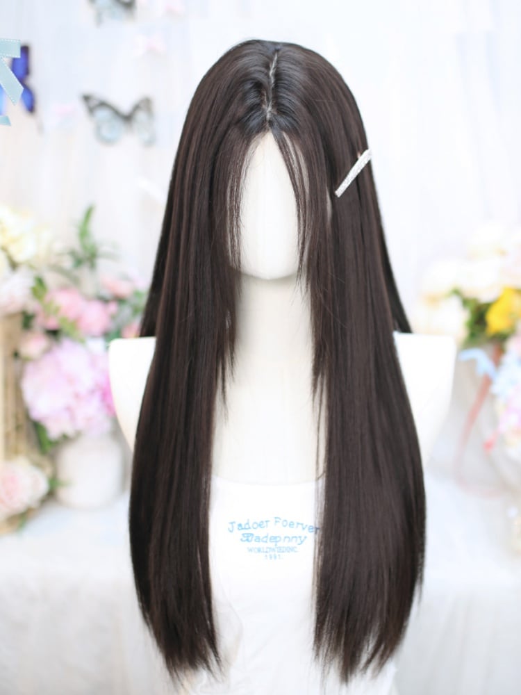 Black Tea Under Bust Length Straight Wig with Curtain Bangs