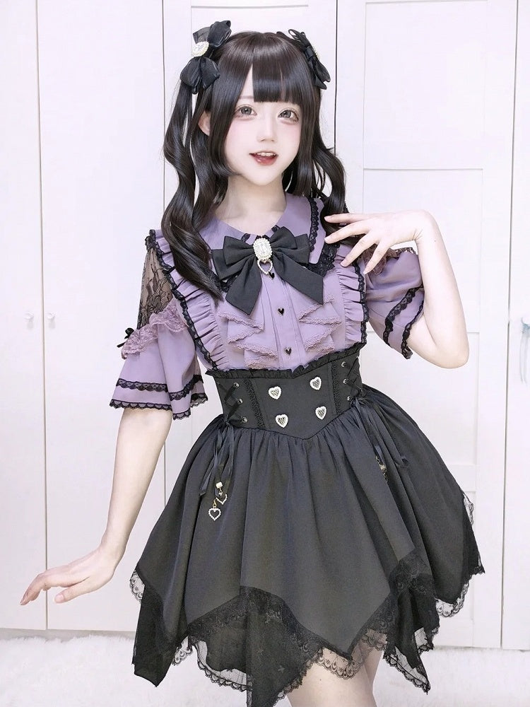 Black and Purple Lace Cut-Out Shoulder Butterfly Sleeve Blouse with Bow Tie - Dream Core Waves