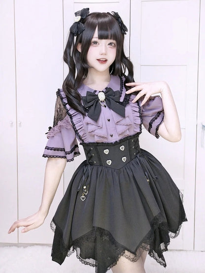 Black and Purple Lace Cut-Out Shoulder Butterfly Sleeve Blouse with Bow Tie - Dream Core Waves