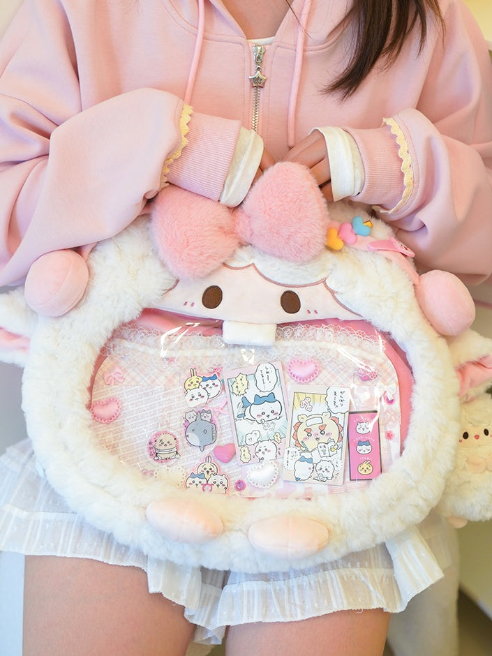 Weißer und rosa süßer Lamm-Plüsch-Ita-Taschen-Rucksack mit Schleife