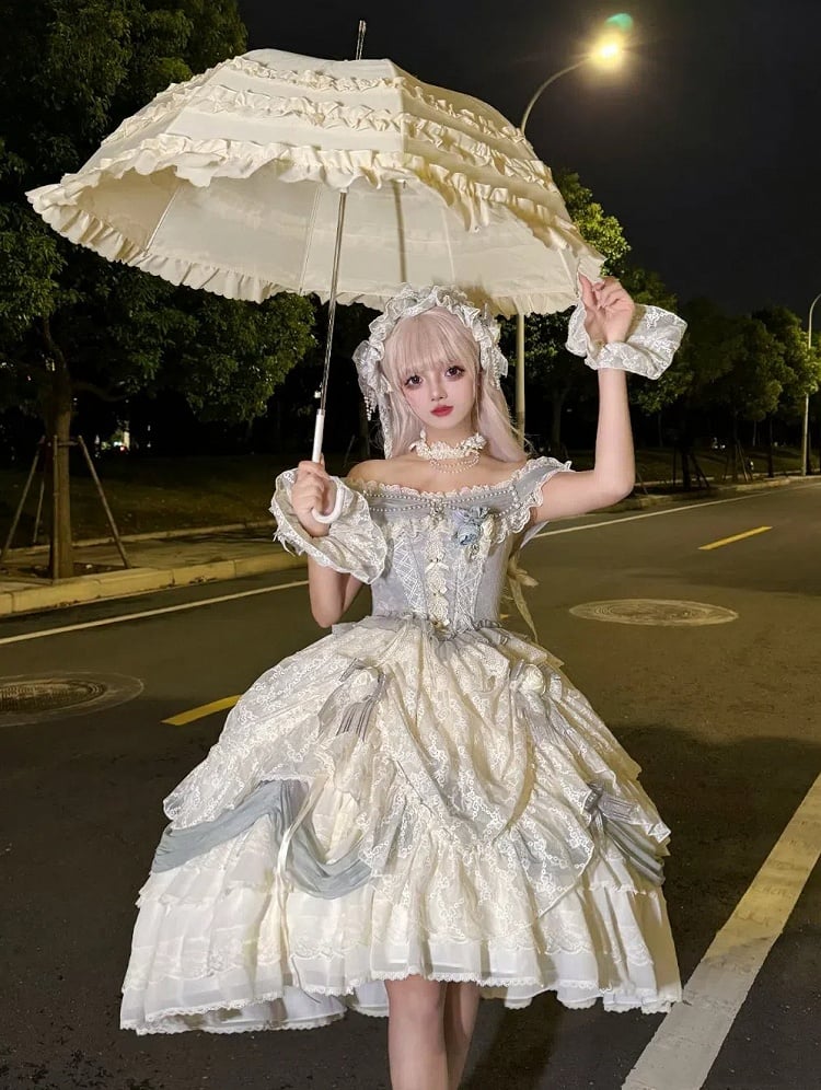 ダスティブルーのコルセットウエスト花嫁プリンセスロリータハイローレイヤードヘムドレスショートバージョン