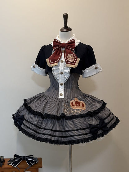 Monochrome Preppy Striped Two-Piece Gown with Crown Embroidery - Fairy Faith