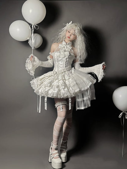 White Ruffles Gothic Strappy Lolita Skirt Tiered Heart Buckle