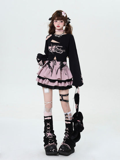 Shrug Knit Criss-cross Spicy Lace-Up Black Sweet Tank Set: Cropped Top