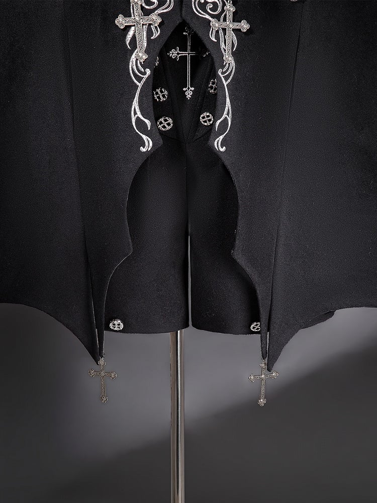 Hem Sleeves Cross Shorts Black Ouji Lolita Curved + Embroidery Bat-Wing Cape Long Top Gothic
