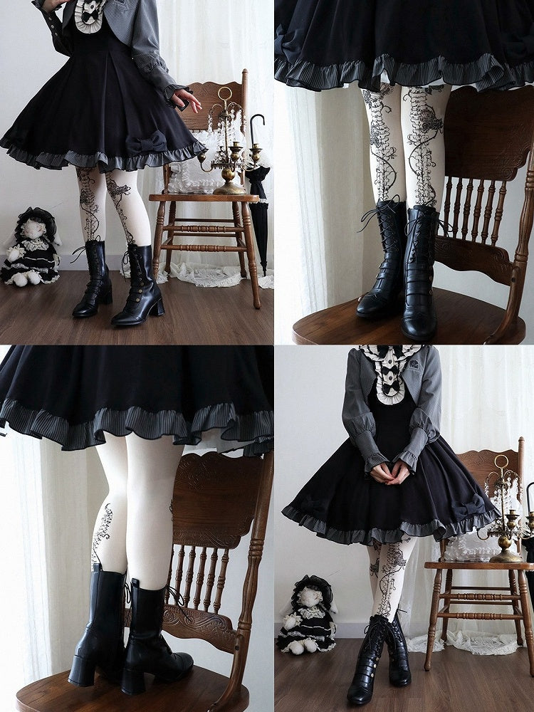 Black Ouji Mid Calf Lolita Boots Lace Up Buckle Accent Style - MODO