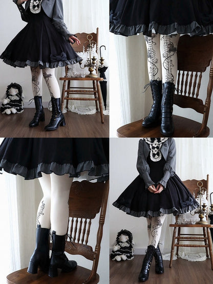 Black Ouji Mid Calf Lolita Boots Lace Up Buckle Accent Style - MODO