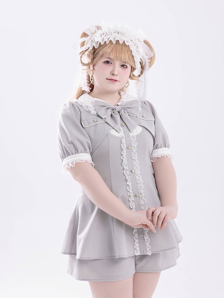 Sleeve Two-Piece Brooch Gray Kei Coord Shorts Top Bow Faux Jirai Short Set: with