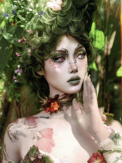 Goth Choker Red Green Fairy Flower /