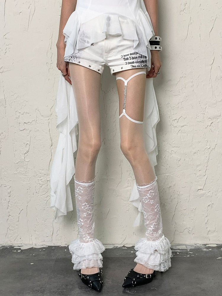 ホワイトパターン セミシースルー シーブス 花柄フリルトリム Y2K レッグ