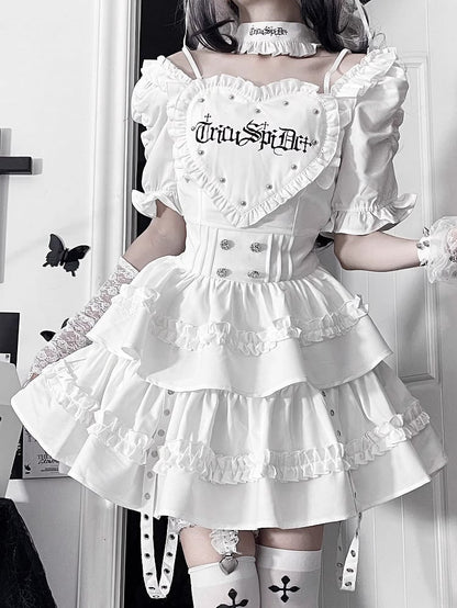 White Dress Heart Patch Gothic Layered Puff Sleeve with Skirt Short Ruffle