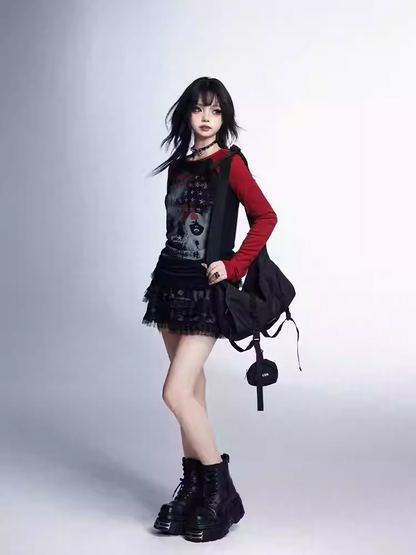 Vintage Glamouröse Grafik Top Hals Rot Schwarz Rund