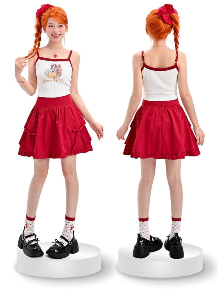 Snow White Vibes Contrast White Graphic Cami Top Red Trim Cropped