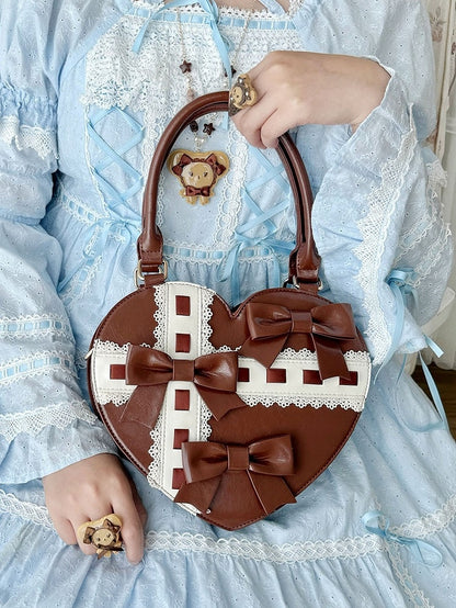 PU Bag Sweet Details Heart Bowknot Brown Leather in Straps Hem Scalloped