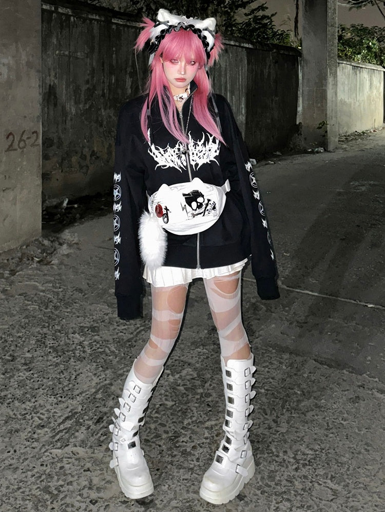 Print - Cat Bag White Waist Canvas with Skeleton Design Ear Letter Punk