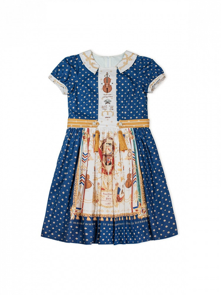 Short Dark Blue Musical Print Peter Pan Collar OP Dress with Tassels - Crucis Universal Tailor Company