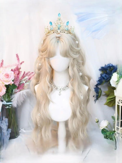 Wavy Curtain Long Beige Wig With Bangs