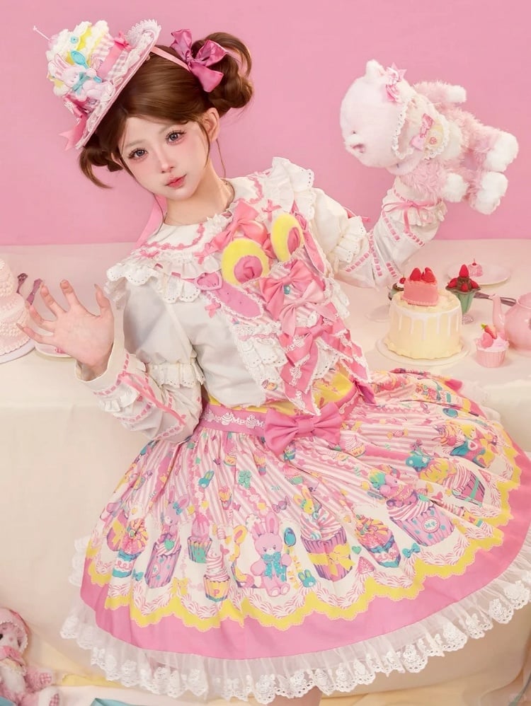 Bunny Cupcake Sweet Lolita Yellow Pink and Dress Overall Print