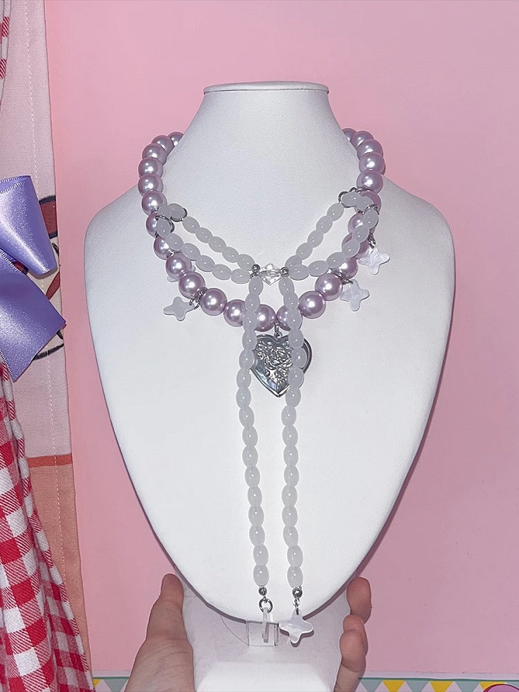 Bowknot Purple Design Beaded Y2K Pendant Heart Necklace