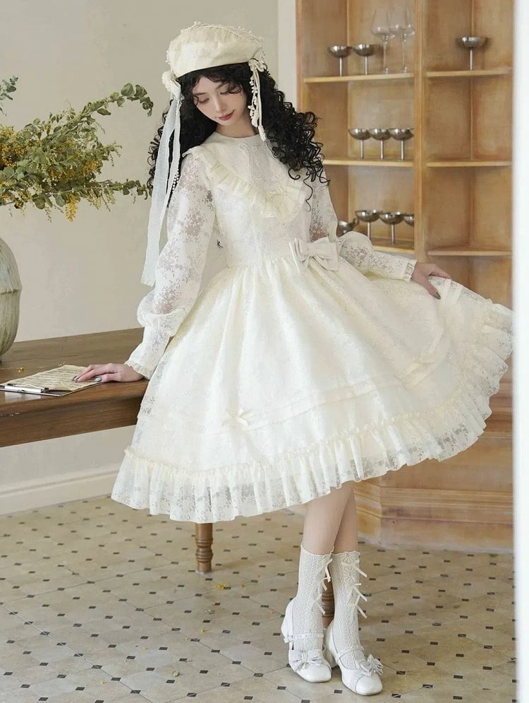 Beige Harp Embroidery Spring Semi-sheer Long Sleeves Elegant Classic Lolita Dress