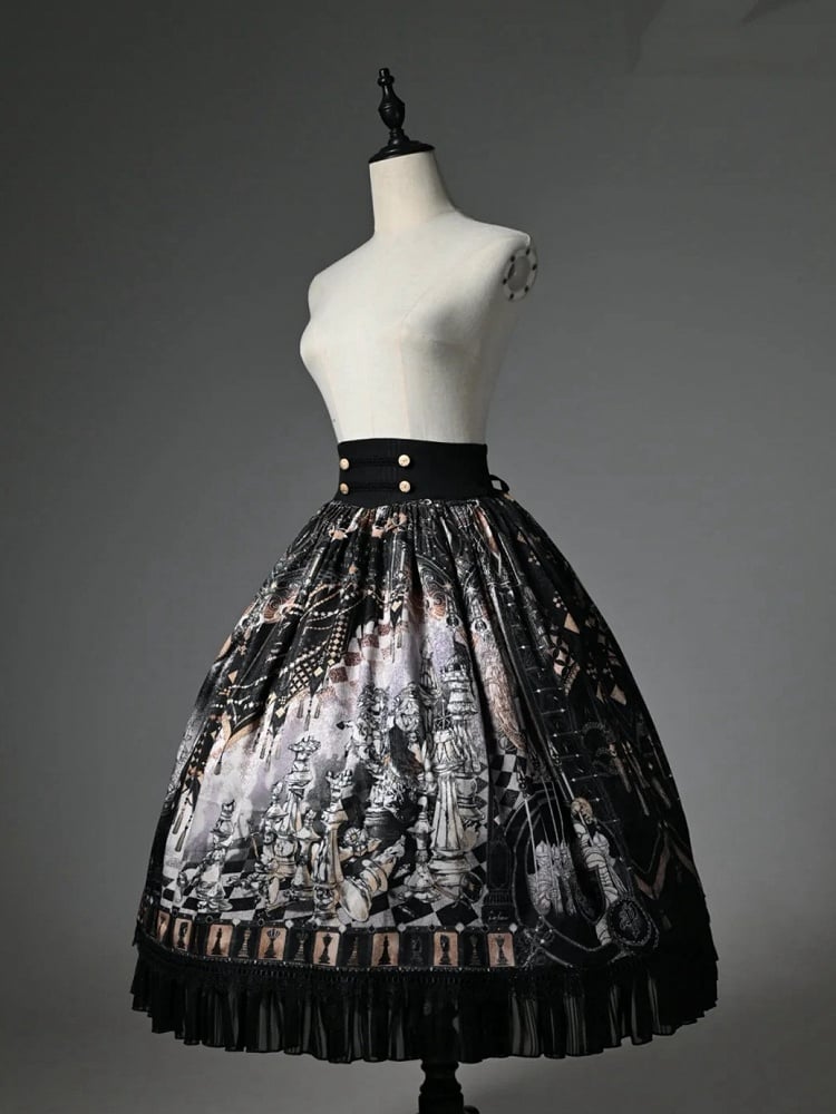 Rock Thema Schwarz Taille Korsett Gürtel Schach Lolita Print