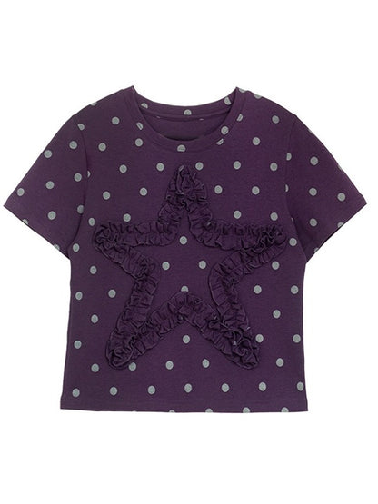 Purple Polka Dot Round Neck Short Sleeve T-Shirt with Star Ruffle Decoration - innomoood
