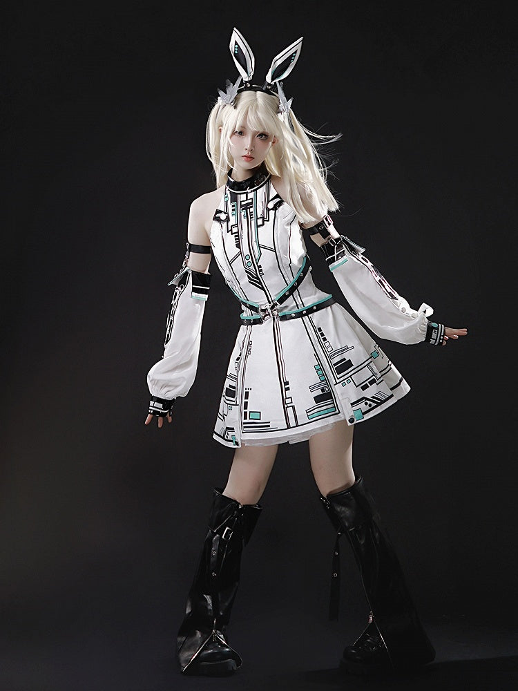 Bunny Sleeves KC Kleid Techwear Neckholder Urban Cyberpunk Weiß + Ohren