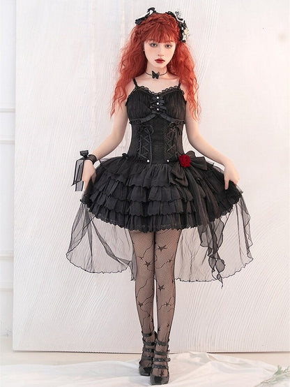 Black Sweetheart Neckline Corset Waist Jacquard Kuro Lolita Jumper Skirt with Rosette Accent - Unknown Star