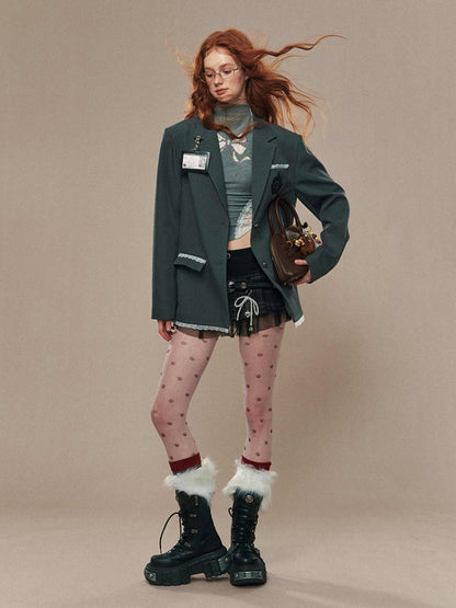 ダークグレーのレーストリム刺繍ポケットブレザー