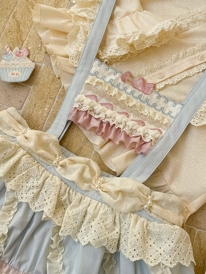 Pink Blue Hem Cupcake Overall and Skirt Bodice Sweet Strawberry Embroidery Cake Lolita